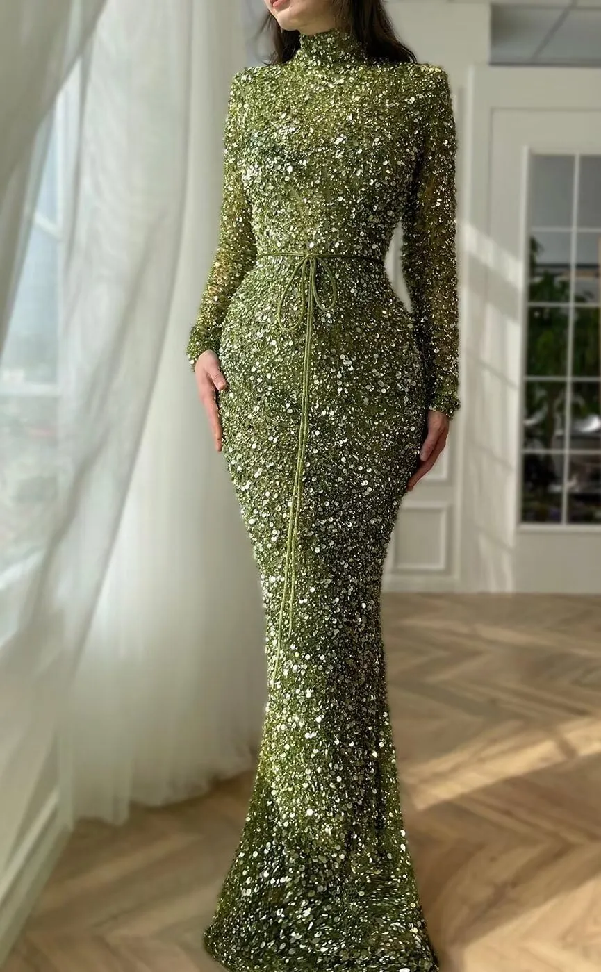 Sequin Mermaid Prom Dresses 2024 Sparkly High Neck Long Sleeve Bodycon Formal Evening Party Gowns with Belt