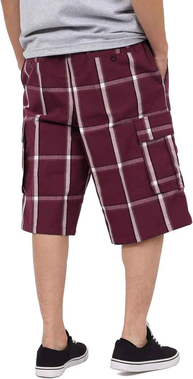Shaka Wear Men's Cargo Shorts – Casual Plaid Relaxed Loose Fit Elastic Waist Multi Pocket Pants Regular Big S~5XL