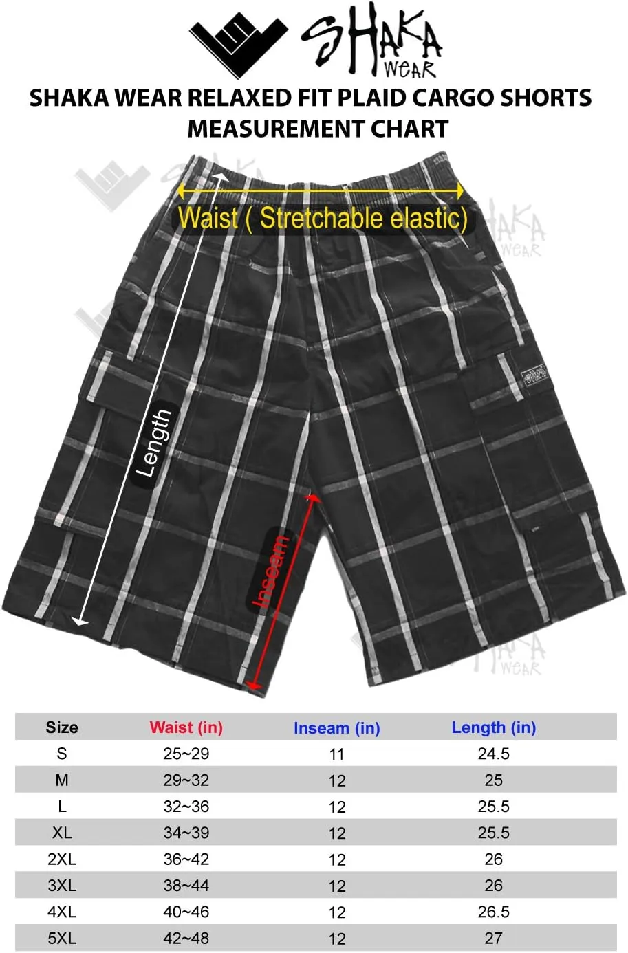 Shaka Wear Men's Cargo Shorts – Casual Plaid Relaxed Loose Fit Elastic Waist Multi Pocket Pants Regular Big S~5XL