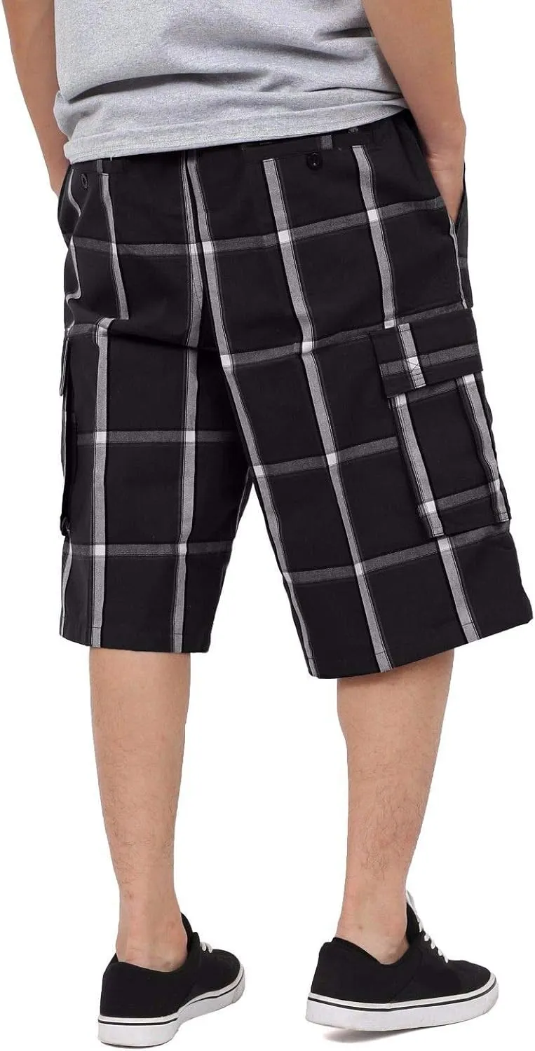 Shaka Wear Men's Cargo Shorts – Casual Plaid Relaxed Loose Fit Elastic Waist Multi Pocket Pants Regular Big S~5XL