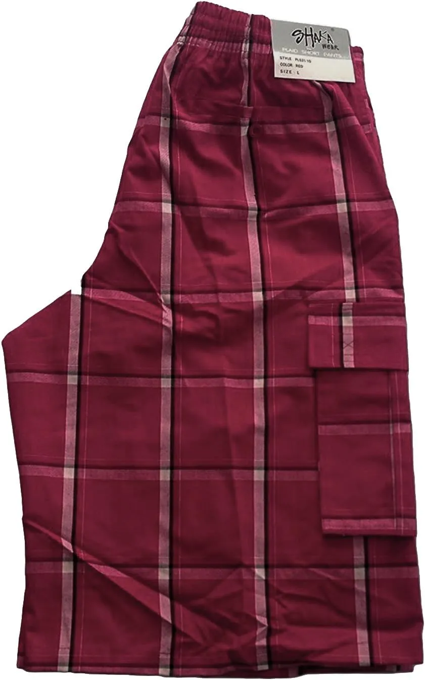 Shaka Wear Men's Cargo Shorts – Casual Plaid Relaxed Loose Fit Elastic Waist Multi Pocket Pants Regular Big S~5XL