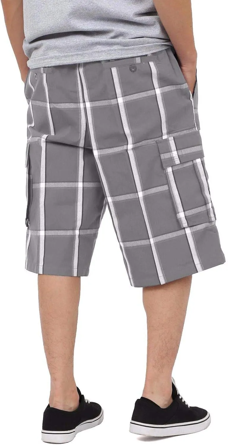 Shaka Wear Men's Cargo Shorts – Casual Plaid Relaxed Loose Fit Elastic Waist Multi Pocket Pants Regular Big S~5XL