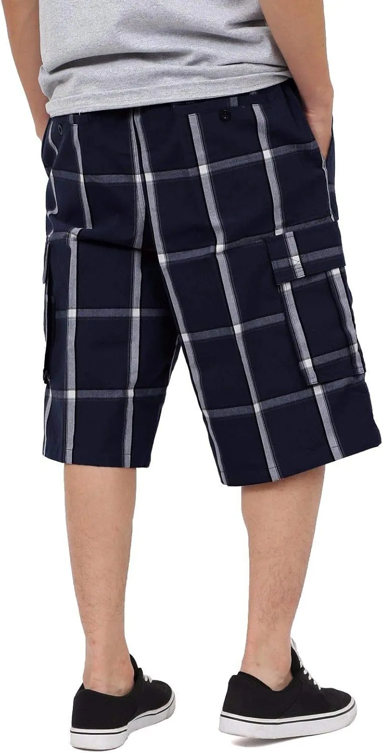 Shaka Wear Men's Cargo Shorts – Casual Plaid Relaxed Loose Fit Elastic Waist Multi Pocket Pants Regular Big S~5XL