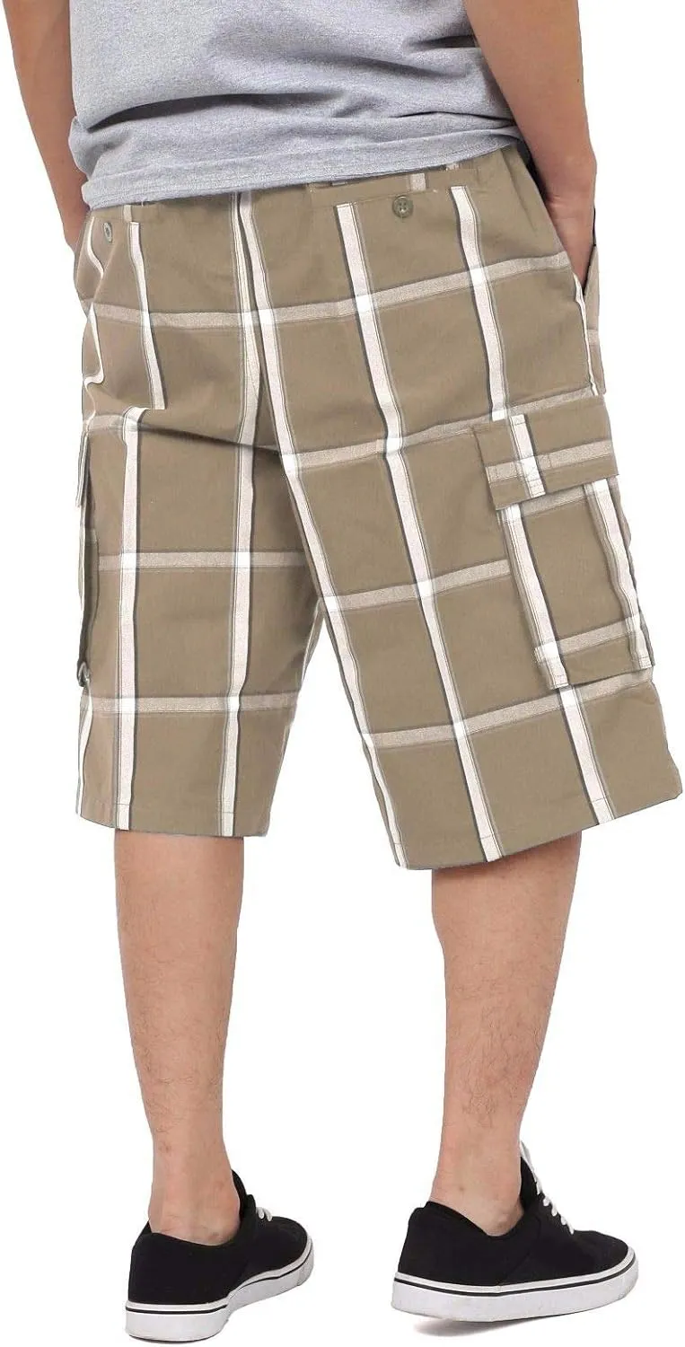Shaka Wear Men's Cargo Shorts – Casual Plaid Relaxed Loose Fit Elastic Waist Multi Pocket Pants Regular Big S~5XL
