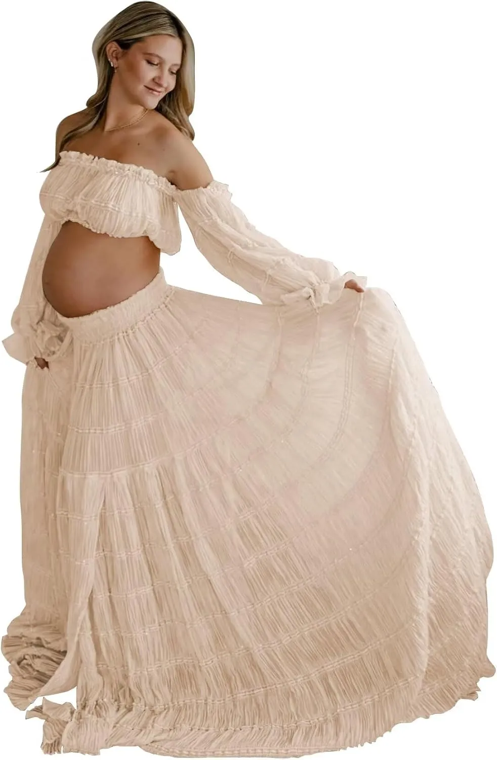 SHSUREVE 2 Piece Maternity Dresses for Photoshoot Off Shoulder Boho Pregnancy Gowns Baby Shower Dress