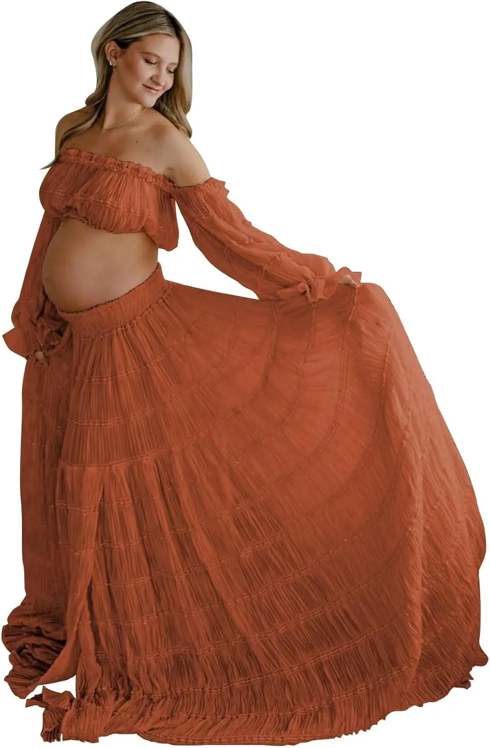 SHSUREVE 2 Piece Maternity Dresses for Photoshoot Off Shoulder Boho Pregnancy Gowns Baby Shower Dress