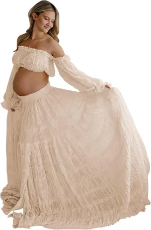 SHSUREVE 2 Piece Maternity Dresses for Photoshoot Off Shoulder Boho Pregnancy Gowns Baby Shower Dress