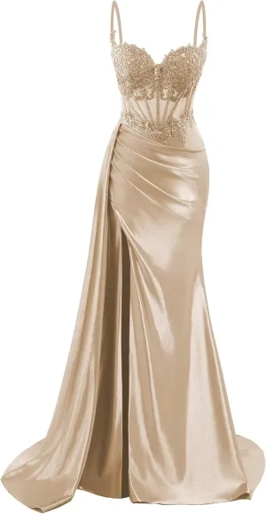 Spaghetti Strap Satin Prom Dresses Long Mermaid Lace Formal Gowns Corset Evening Party Dresses with Slit