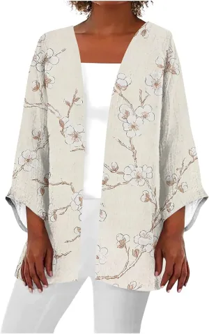 Spring Cardigans for Women 2025 Floral Printed Casual Loose Cardigans 3/4 Sleeve Hide Belly Open Front Cardigan