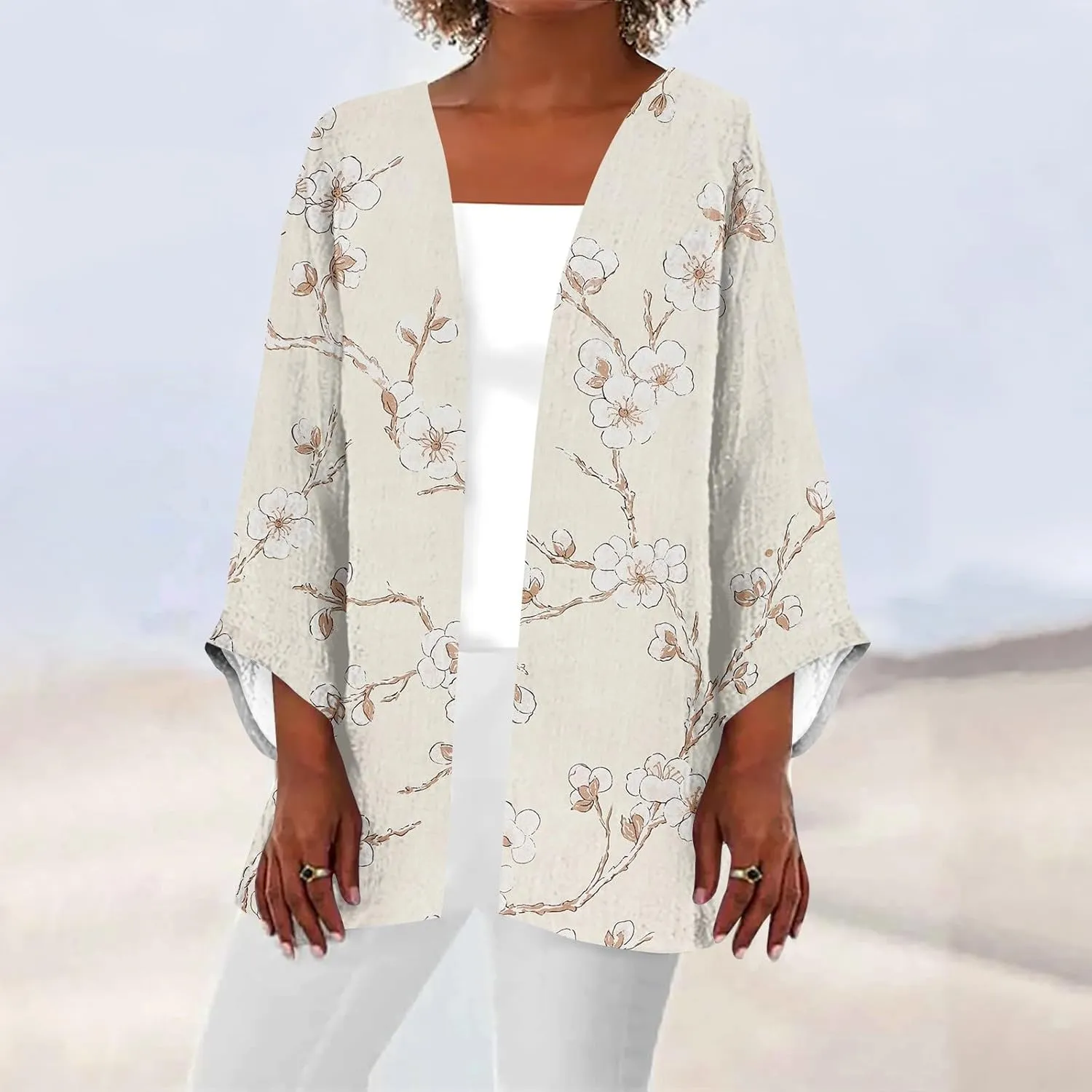 Spring Cardigans for Women 2025 Floral Printed Casual Loose Cardigans 3/4 Sleeve Hide Belly Open Front Cardigan
