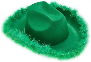 Springcmy Women Cowboy Hat Felt Fluffy Feather Trim Disco Cowgirl Hat Wide Brim Fancy Party Holloween Role Play Hats Up Hat