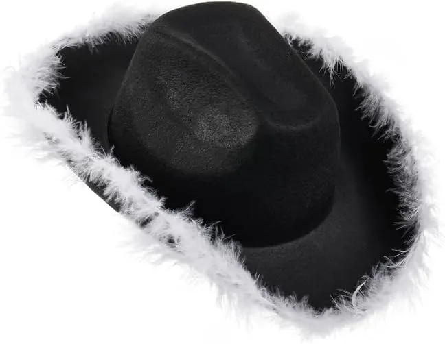 Springcmy Women Cowboy Hat Felt Fluffy Feather Trim Disco Cowgirl Hat Wide Brim Fancy Party Holloween Role Play Hats Up Hat