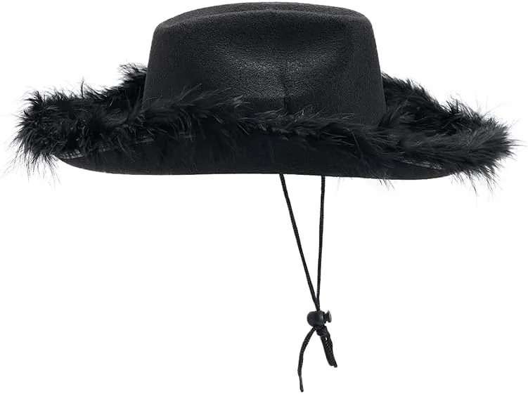 Springcmy Women Cowboy Hat Felt Fluffy Feather Trim Disco Cowgirl Hat Wide Brim Fancy Party Holloween Role Play Hats Up Hat