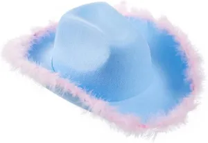 Springcmy Women Cowboy Hat Felt Fluffy Feather Trim Disco Cowgirl Hat Wide Brim Fancy Party Holloween Role Play Hats Up Hat