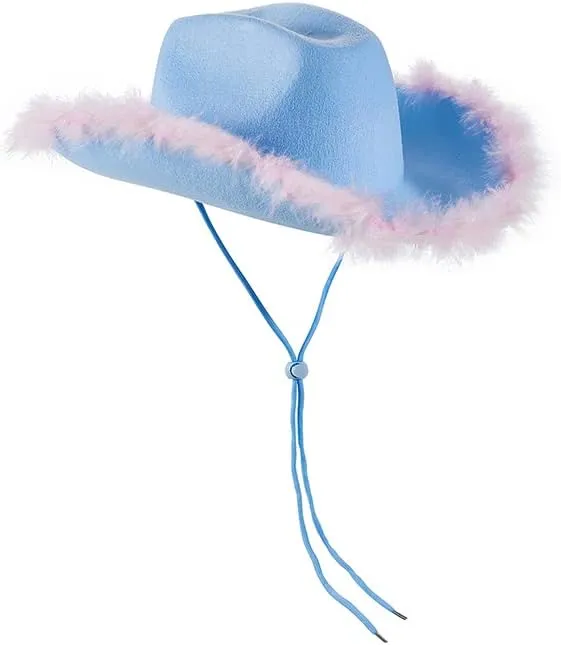 Springcmy Women Cowboy Hat Felt Fluffy Feather Trim Disco Cowgirl Hat Wide Brim Fancy Party Holloween Role Play Hats Up Hat