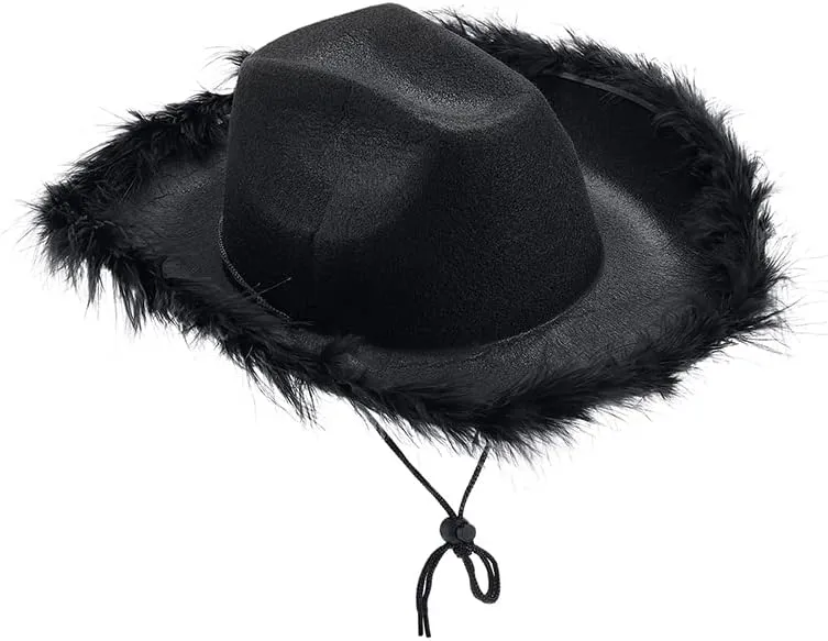 Springcmy Women Cowboy Hat Felt Fluffy Feather Trim Disco Cowgirl Hat Wide Brim Fancy Party Holloween Role Play Hats Up Hat
