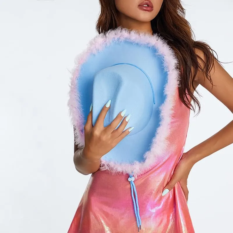 Springcmy Women Cowboy Hat Felt Fluffy Feather Trim Disco Cowgirl Hat Wide Brim Fancy Party Holloween Role Play Hats Up Hat