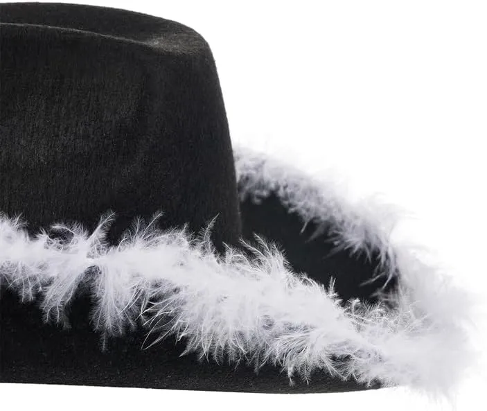 Springcmy Women Cowboy Hat Felt Fluffy Feather Trim Disco Cowgirl Hat Wide Brim Fancy Party Holloween Role Play Hats Up Hat