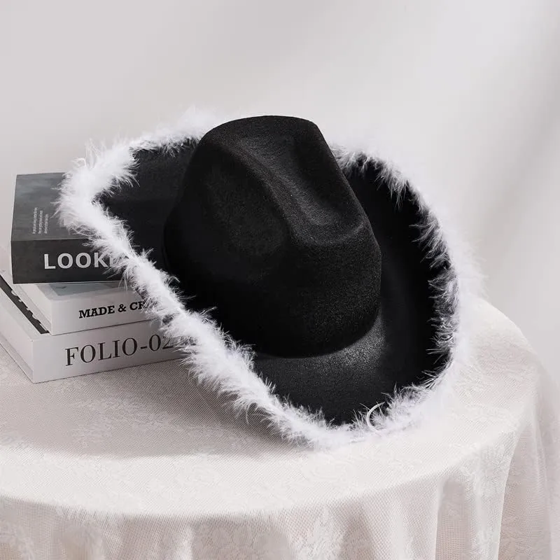 Springcmy Women Cowboy Hat Felt Fluffy Feather Trim Disco Cowgirl Hat Wide Brim Fancy Party Holloween Role Play Hats Up Hat