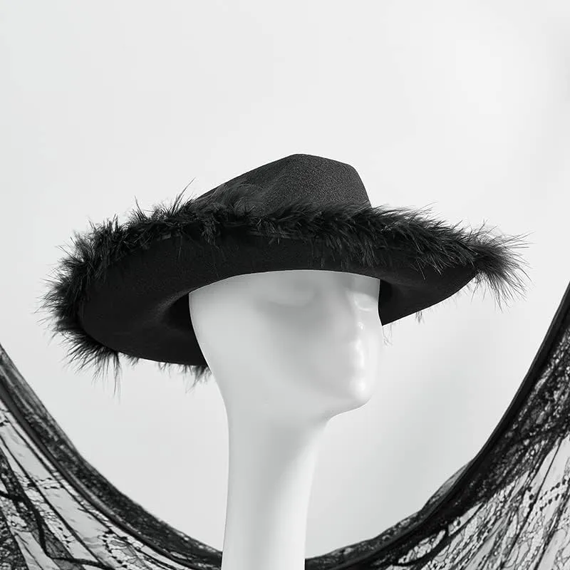 Springcmy Women Cowboy Hat Felt Fluffy Feather Trim Disco Cowgirl Hat Wide Brim Fancy Party Holloween Role Play Hats Up Hat