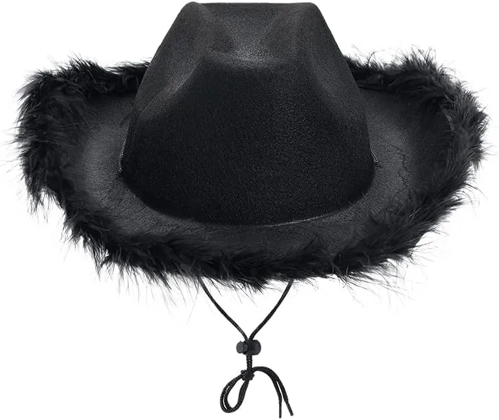 Springcmy Women Cowboy Hat Felt Fluffy Feather Trim Disco Cowgirl Hat Wide Brim Fancy Party Holloween Role Play Hats Up Hat