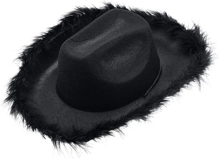 Springcmy Women Cowboy Hat Felt Fluffy Feather Trim Disco Cowgirl Hat Wide Brim Fancy Party Holloween Role Play Hats Up Hat