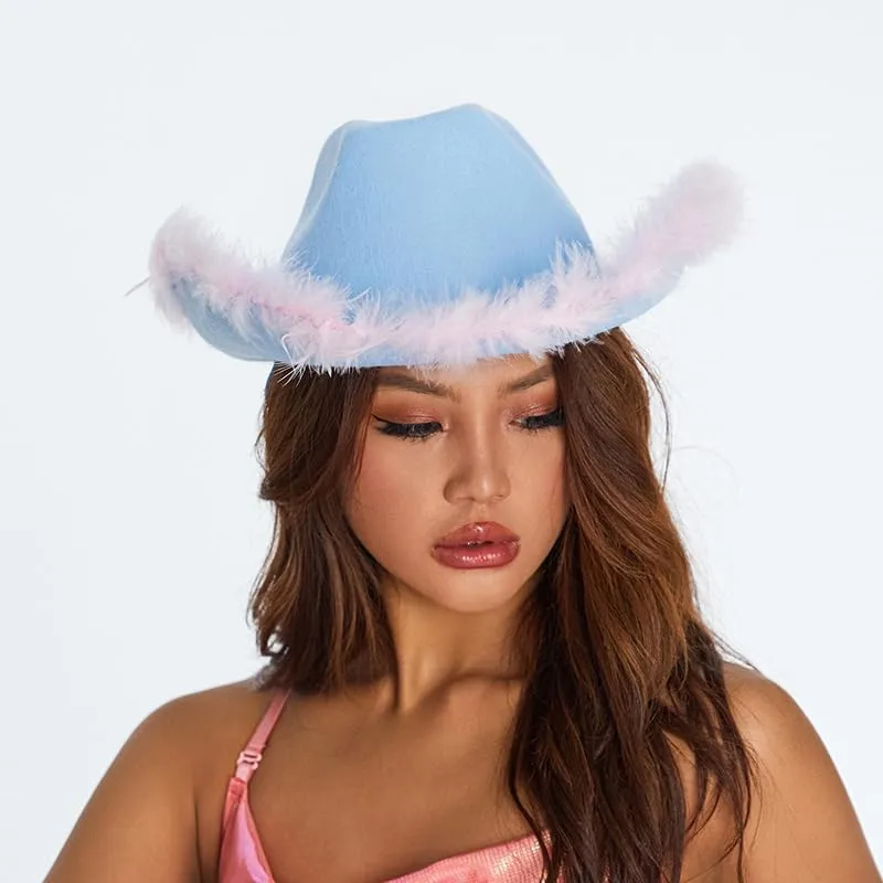 Springcmy Women Cowboy Hat Felt Fluffy Feather Trim Disco Cowgirl Hat Wide Brim Fancy Party Holloween Role Play Hats Up Hat