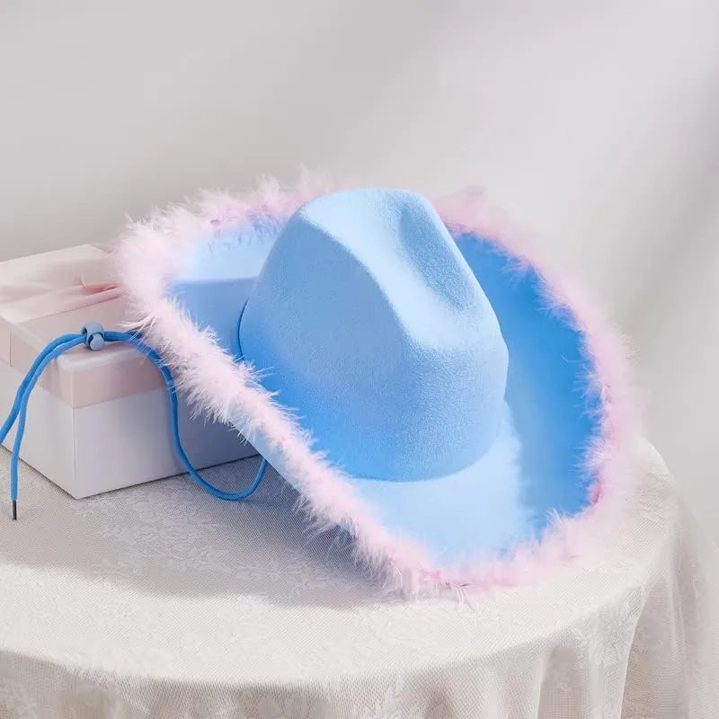 Springcmy Women Cowboy Hat Felt Fluffy Feather Trim Disco Cowgirl Hat Wide Brim Fancy Party Holloween Role Play Hats Up Hat