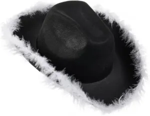 Springcmy Women Cowboy Hat Felt Fluffy Feather Trim Disco Cowgirl Hat Wide Brim Fancy Party Holloween Role Play Hats Up Hat