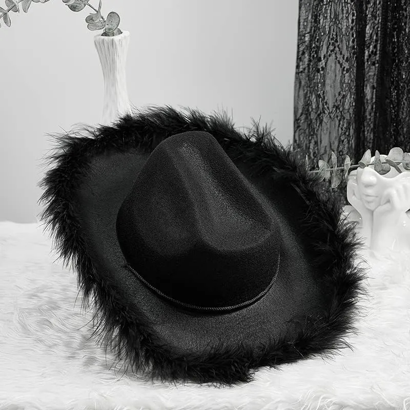Springcmy Women Cowboy Hat Felt Fluffy Feather Trim Disco Cowgirl Hat Wide Brim Fancy Party Holloween Role Play Hats Up Hat