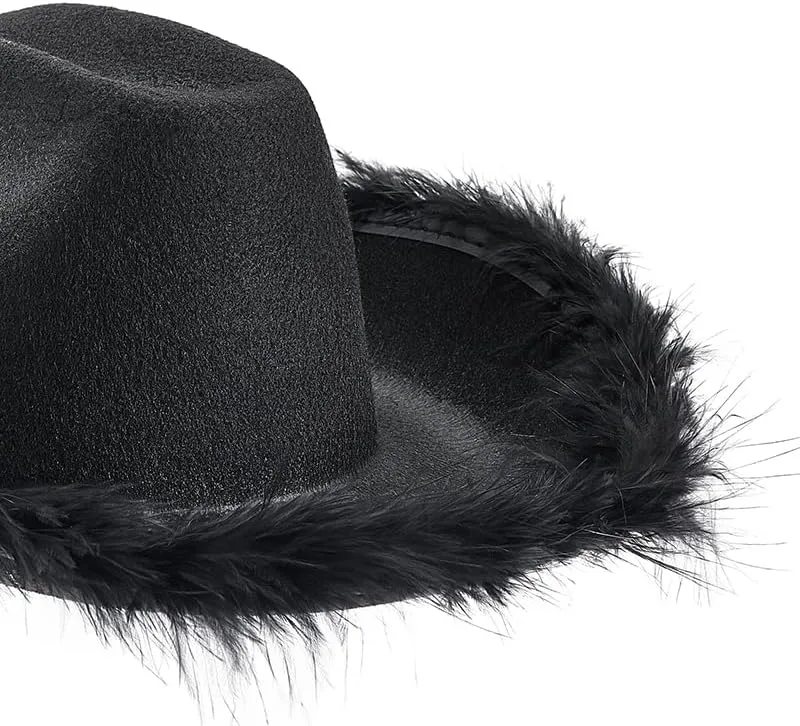 Springcmy Women Cowboy Hat Felt Fluffy Feather Trim Disco Cowgirl Hat Wide Brim Fancy Party Holloween Role Play Hats Up Hat