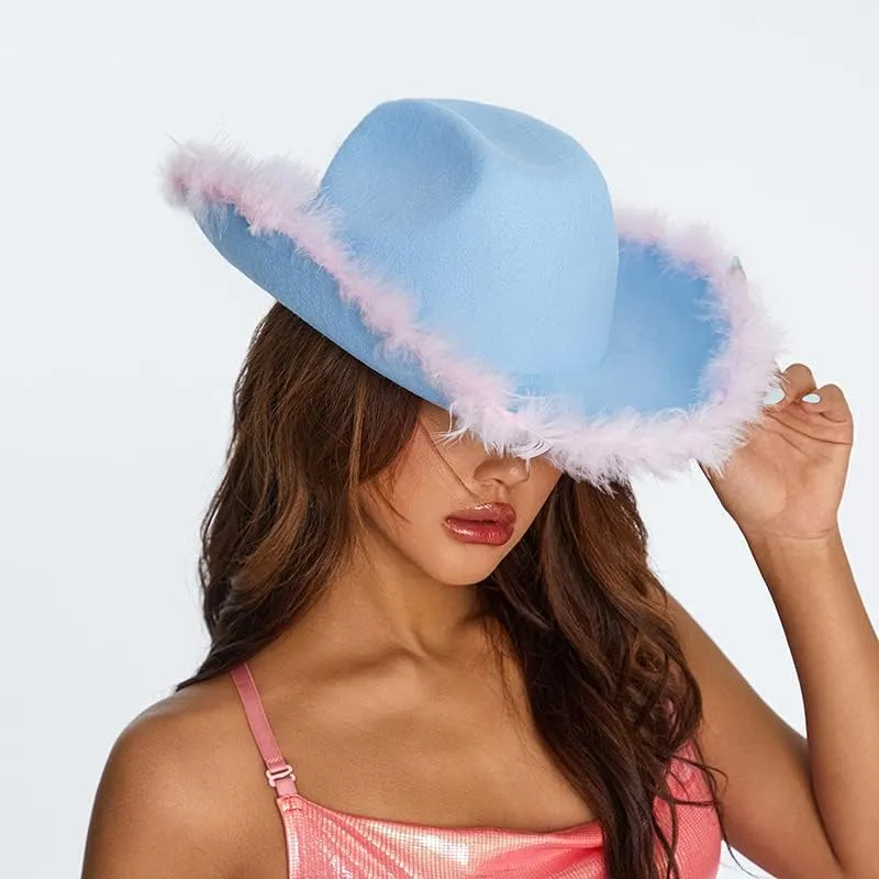 Springcmy Women Cowboy Hat Felt Fluffy Feather Trim Disco Cowgirl Hat Wide Brim Fancy Party Holloween Role Play Hats Up Hat