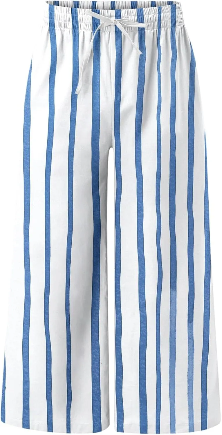 Striped Linen Pants for Men Straight Legs Elastic Waist Drawstring Long Pants Lightweight Breathable Beach Trousers