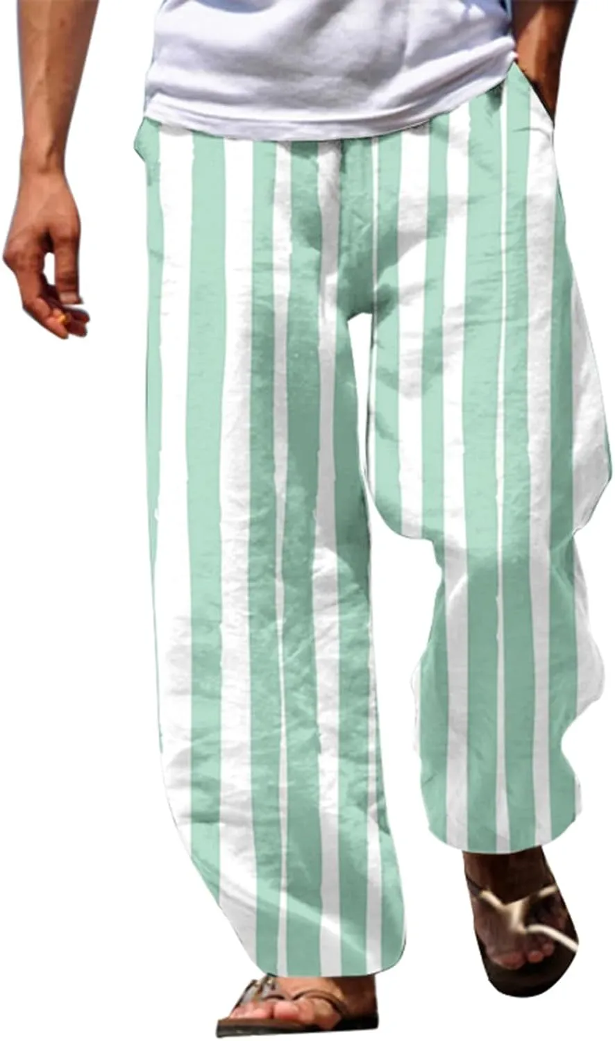 Striped Linen Pants for Men Straight Legs Elastic Waist Drawstring Long Pants Lightweight Breathable Beach Trousers