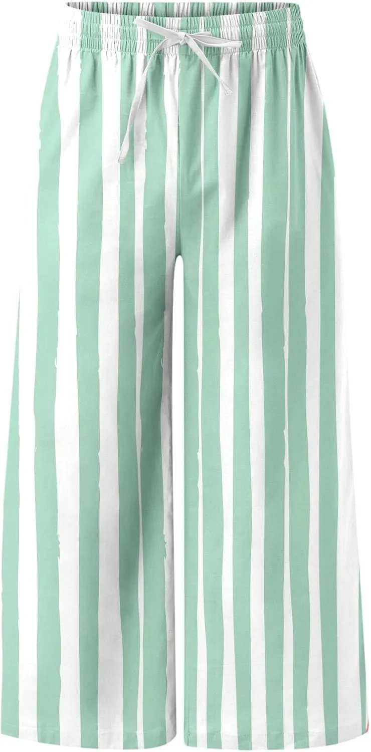 Striped Linen Pants for Men Straight Legs Elastic Waist Drawstring Long Pants Lightweight Breathable Beach Trousers