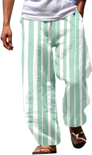 Striped Linen Pants for Men Straight Legs Elastic Waist Drawstring Long Pants Lightweight Breathable Beach Trousers