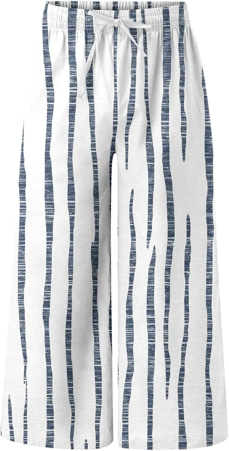 Striped Linen Pants for Men Straight Legs Elastic Waist Drawstring Long Pants Lightweight Breathable Beach Trousers