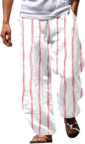 Striped Linen Pants for Men Straight Legs Elastic Waist Drawstring Long Pants Lightweight Breathable Beach Trousers
