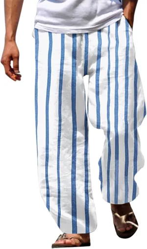 Striped Linen Pants for Men Straight Legs Elastic Waist Drawstring Long Pants Lightweight Breathable Beach Trousers
