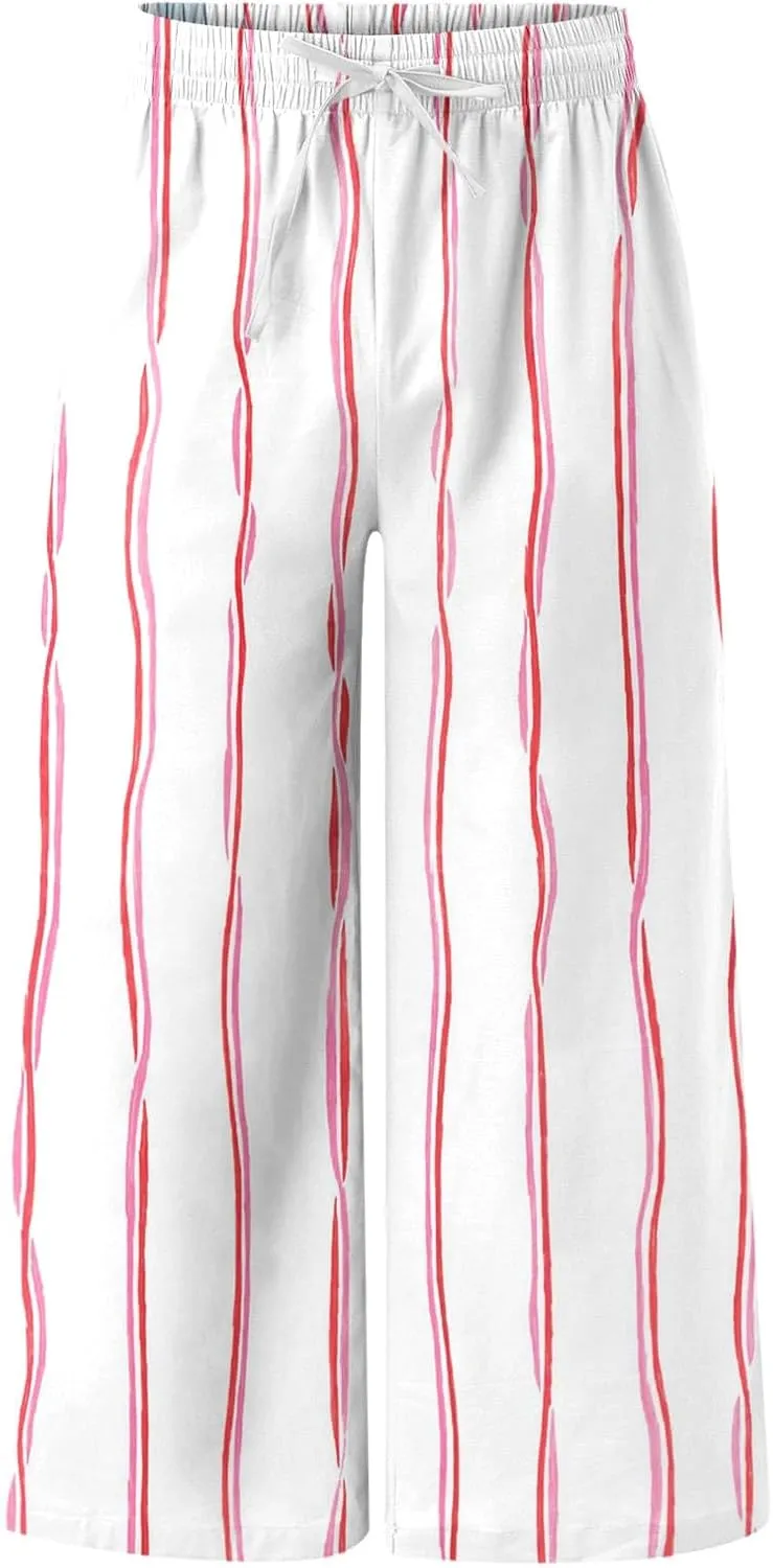 Striped Linen Pants for Men Straight Legs Elastic Waist Drawstring Long Pants Lightweight Breathable Beach Trousers