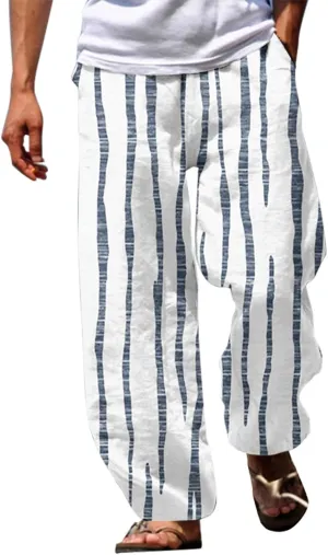 Striped Linen Pants for Men Straight Legs Elastic Waist Drawstring Long Pants Lightweight Breathable Beach Trousers
