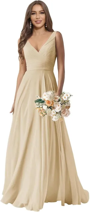 Sukleet Chiffon Bridesmaid Dresses Long for Women A Line Ruched Formal Porm Evening Gowns