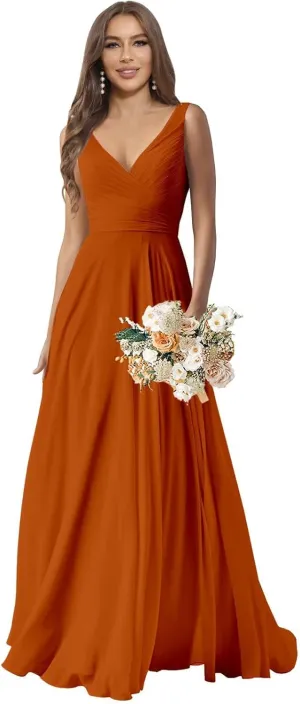 Sukleet Chiffon Bridesmaid Dresses Long for Women A Line Ruched Formal Porm Evening Gowns