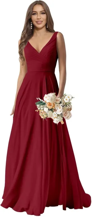 Sukleet Chiffon Bridesmaid Dresses Long for Women A Line Ruched Formal Porm Evening Gowns