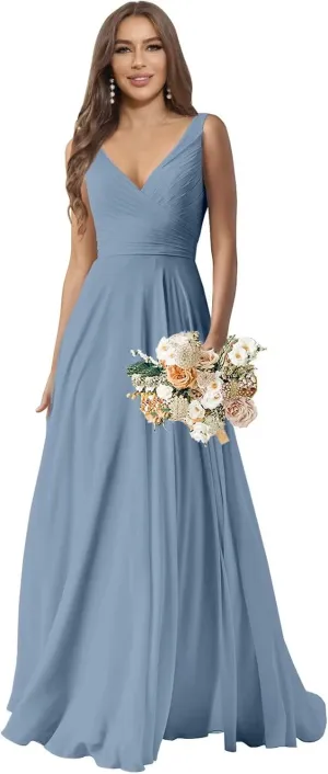 Sukleet Chiffon Bridesmaid Dresses Long for Women A Line Ruched Formal Porm Evening Gowns