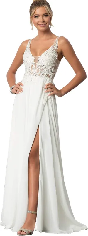Sukleet Women's V Neck Lace Appliqued Prom Dresses A-line High Slit Formal Evening Party Gowns