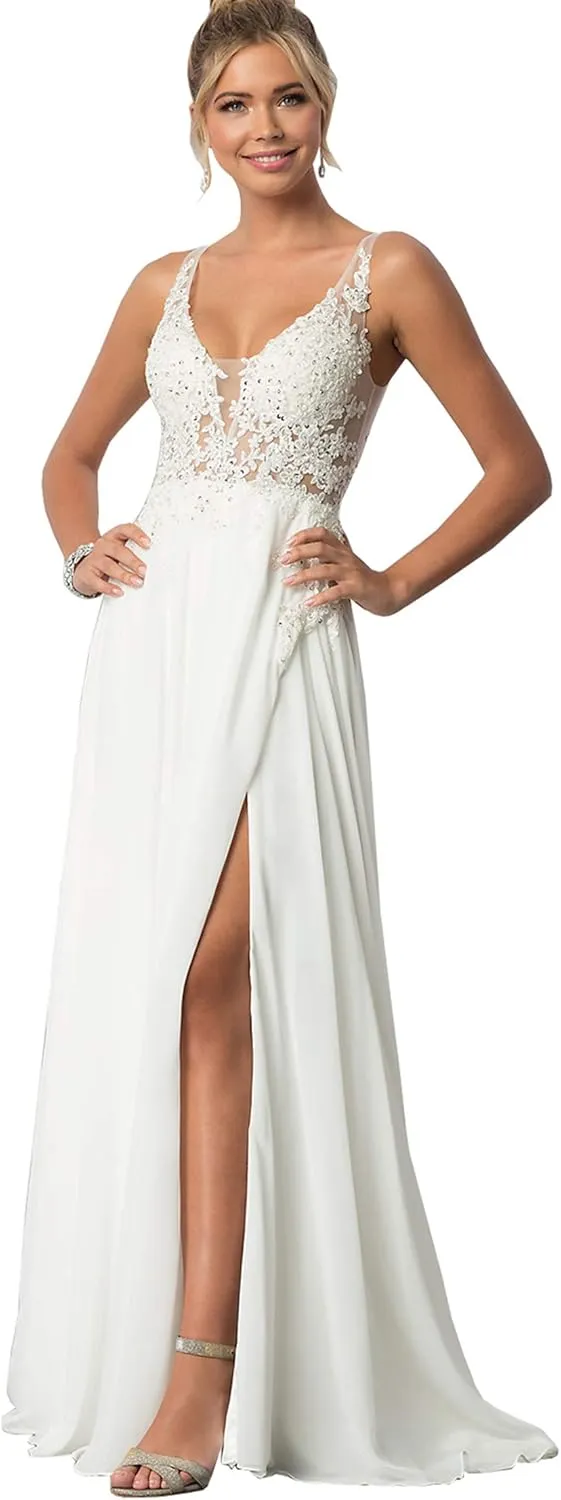 Sukleet Women's V Neck Lace Appliqued Prom Dresses A-line High Slit Formal Evening Party Gowns