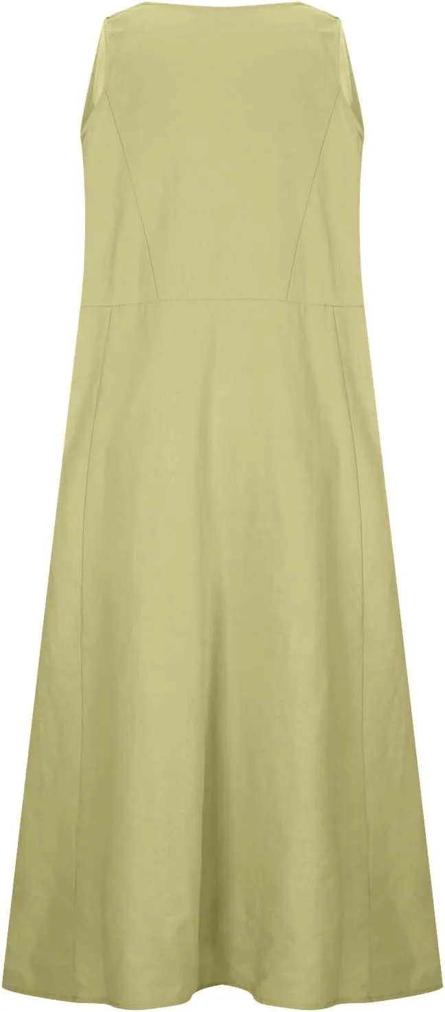 Summer Dresses for Women's 2025 Casual Cotton Linen Crewneck Sleeveless Sundress with Pocket Plus Size Boho Long Dress