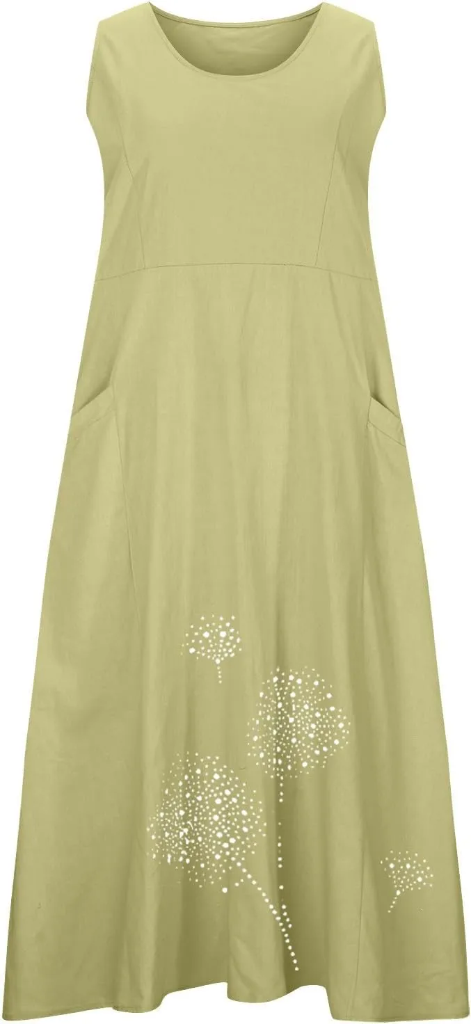 Summer Dresses for Women's 2025 Casual Cotton Linen Crewneck Sleeveless Sundress with Pocket Plus Size Boho Long Dress