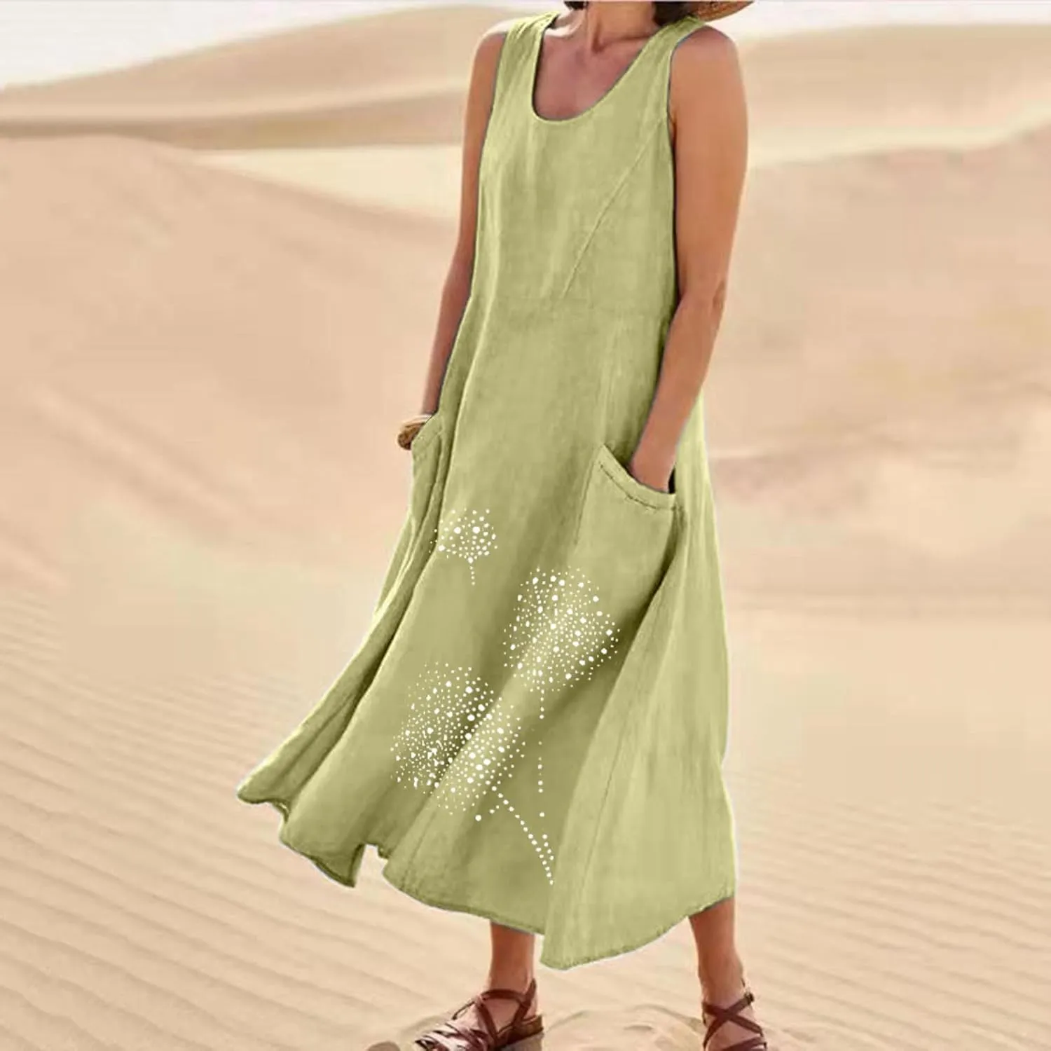 Summer Dresses for Women's 2025 Casual Cotton Linen Crewneck Sleeveless Sundress with Pocket Plus Size Boho Long Dress
